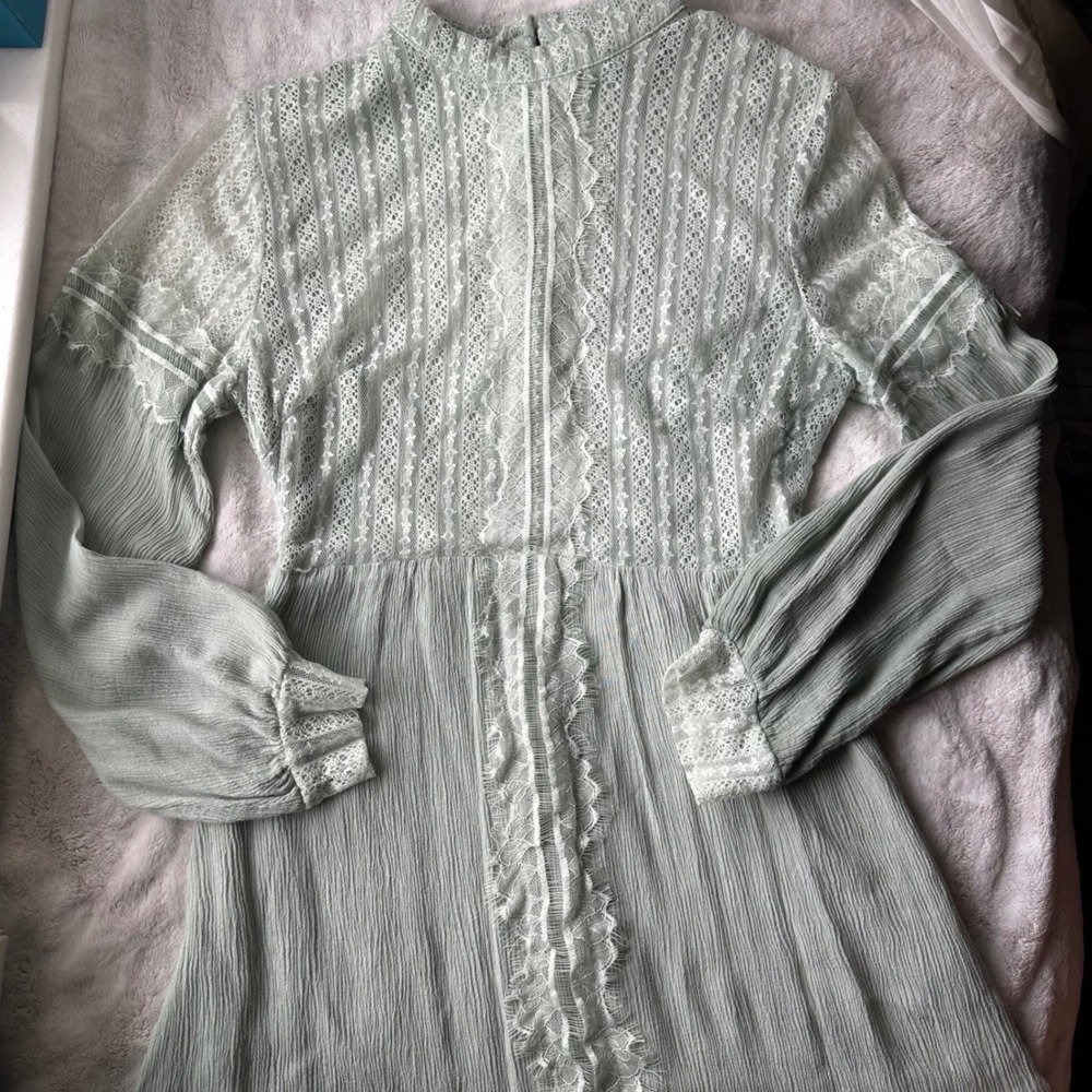 Sage Green Lacey Peasant Dress Long Sleeves Zipper Back Mini